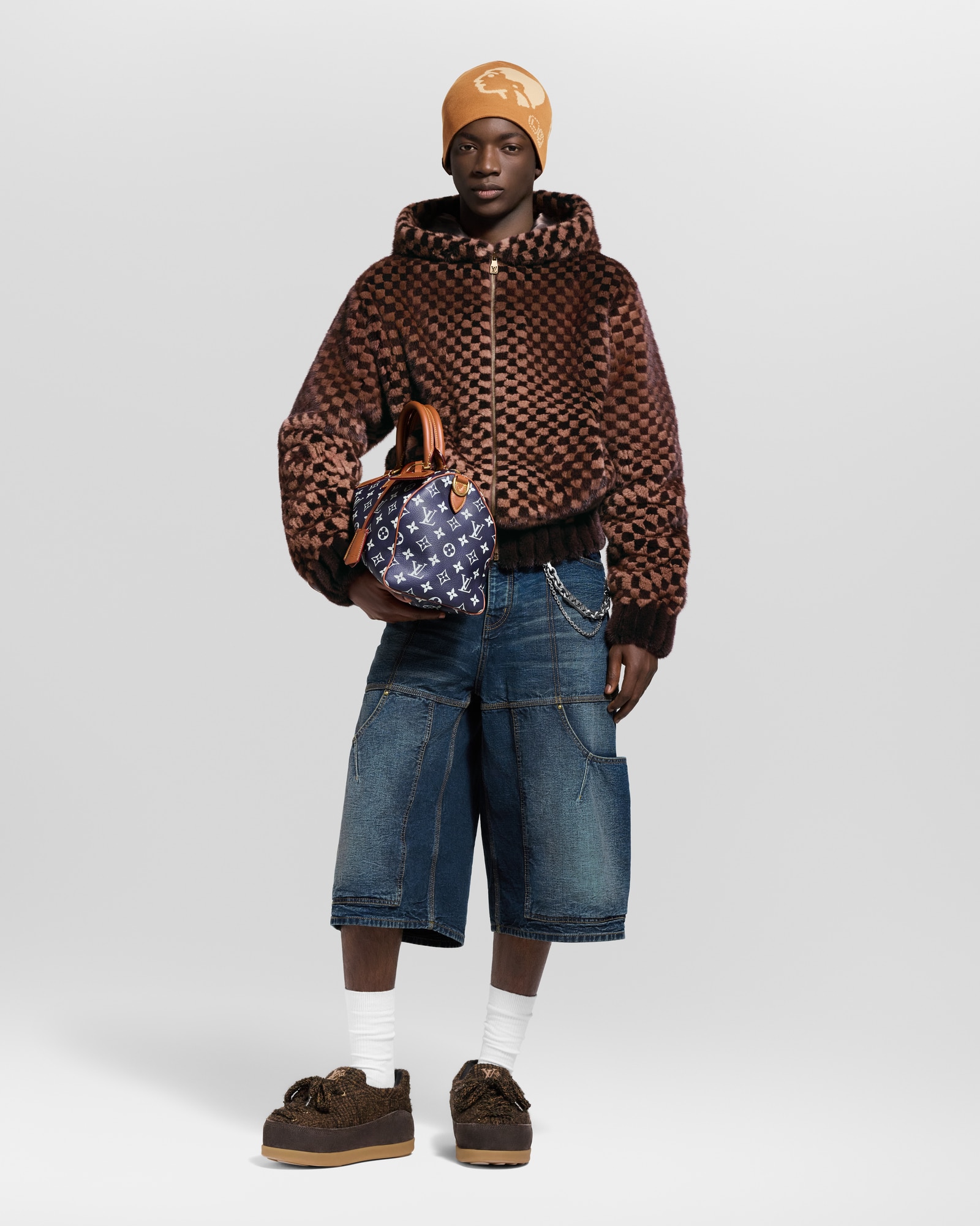 Damier Intarsia Zipped Mink Hoodie - High-End Ready-to-Wear